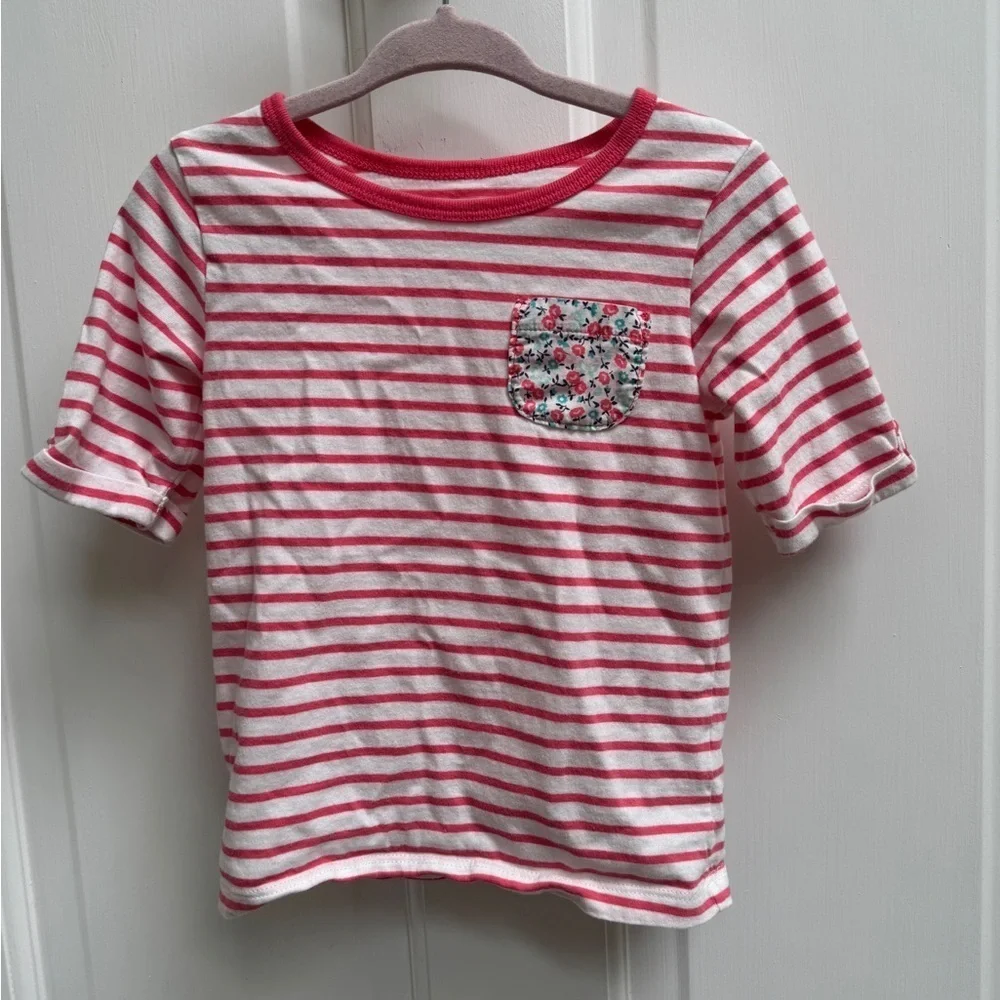Carter's 3T Girls Pink and White Stripe Floral Pocket 3/4 Sleeve Tee Top Blouse